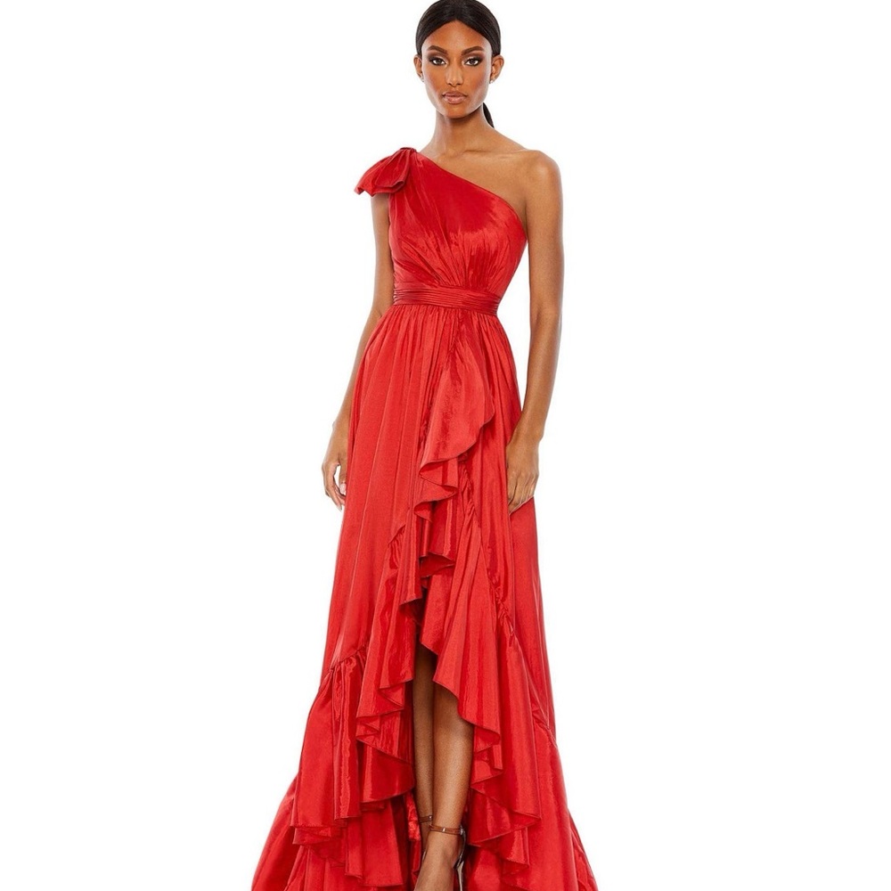 Mac Duggal One-Shoulder Red Ruffle Gown